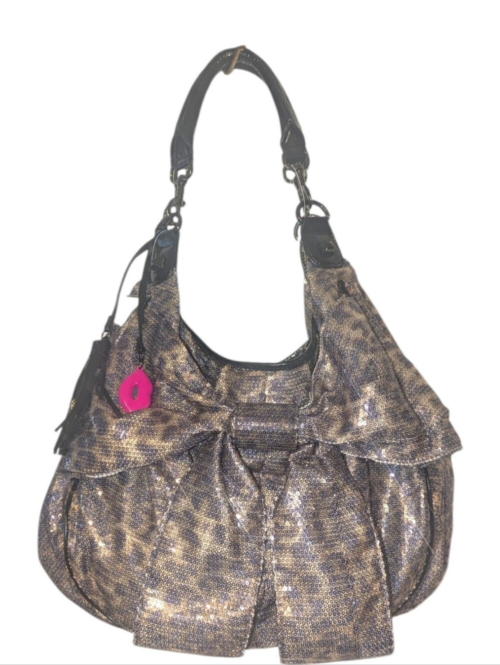 Betsey Johnson Y2K Metallic Gold Black Animal Print Sequin Hobo Bag w/tassel
